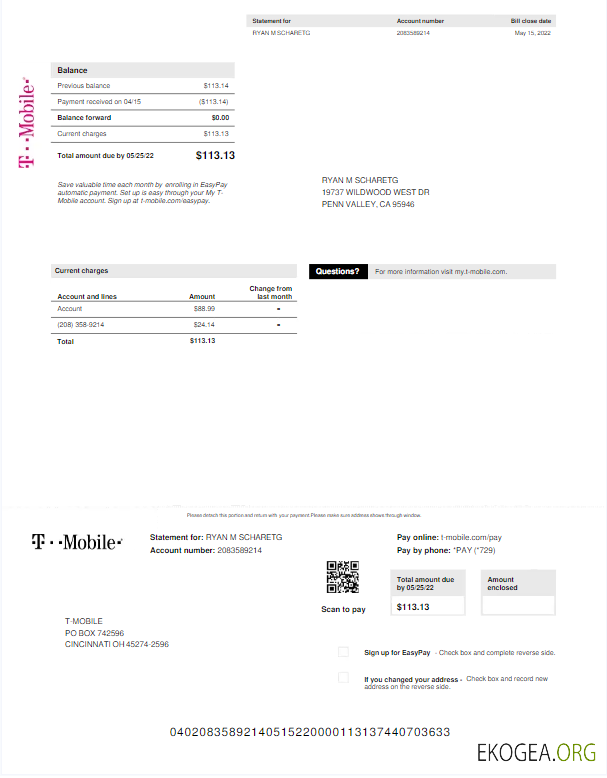 Usa T mobile utility bill word and pdf template
